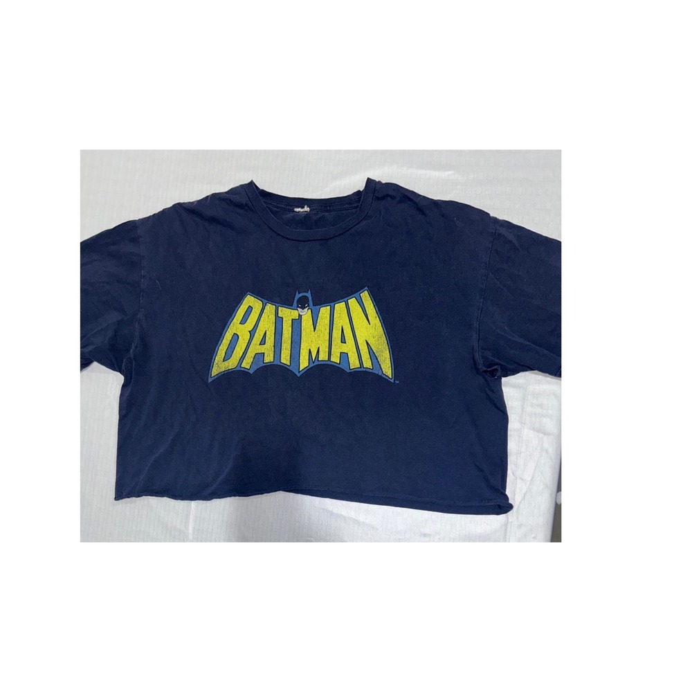 Batman Graphic Crop Top Navy Blue Short Sleeve Raw Hem Boxy Tee‎ Womens XL